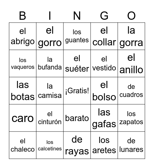 La ropa y los accesorios (Texto) Bingo Card
