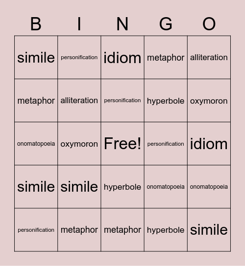 Figurative Language Bingo Card