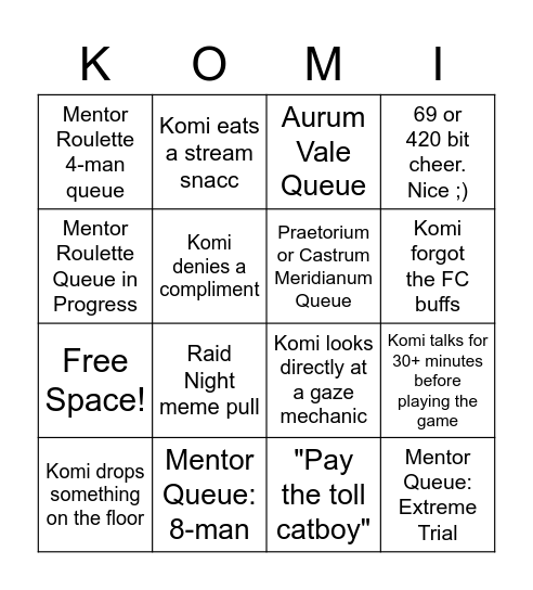 Komi's Mentor Bingo Card