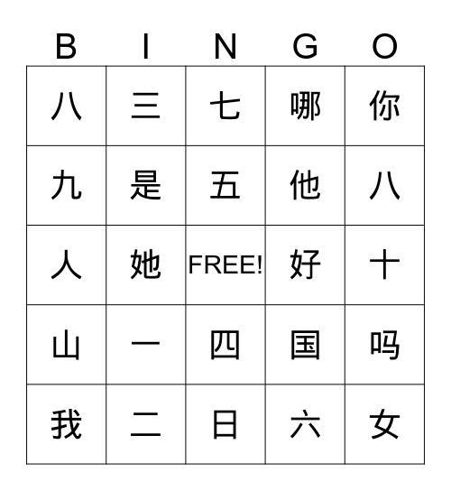 chinese numbers Bingo Card