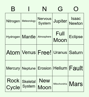 CPHS Fall Festival Science Bingo Card