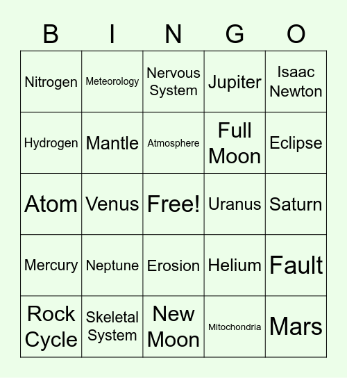 CPHS Fall Festival Science Bingo Card