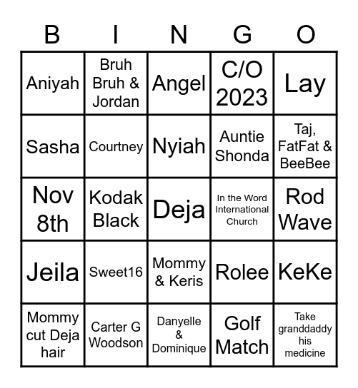 Deja's Sweet 16 Bingo Card