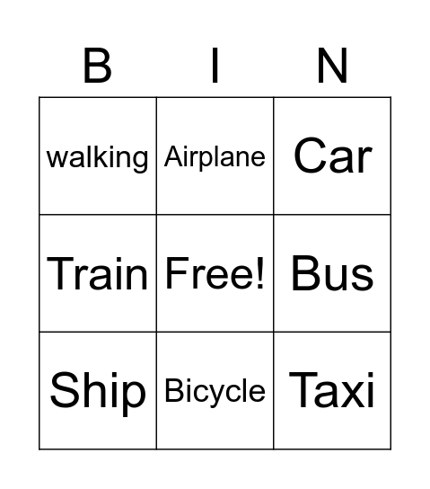 Transportation Bingo Card