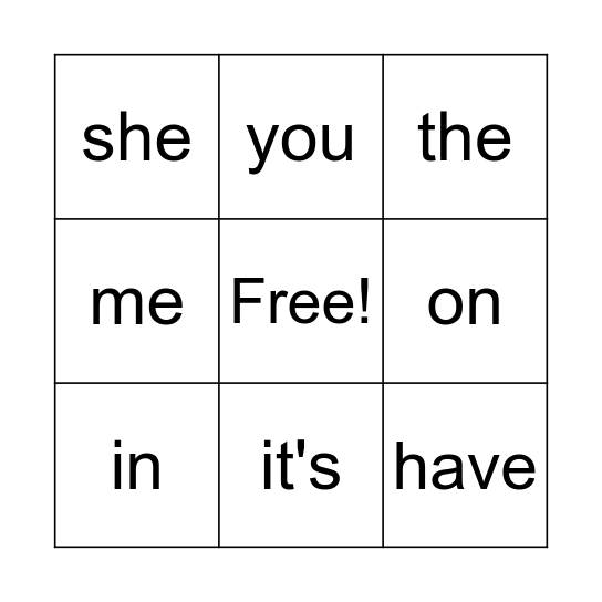 Sight Word BINGO Card