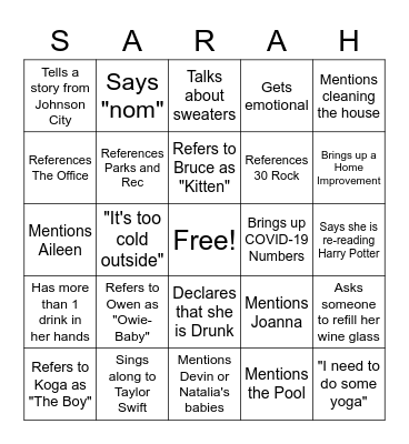 Sarah-Isms Bingo Card
