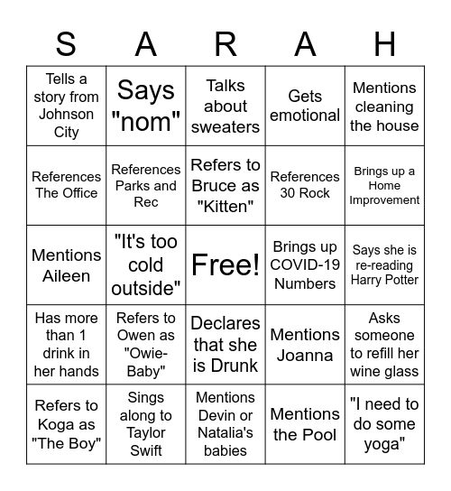 Sarah-Isms Bingo Card