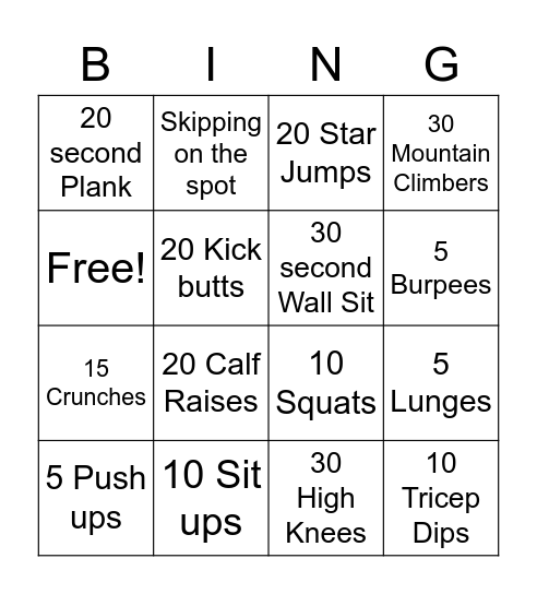 Fitness Bingo Card