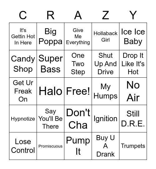 90's/2000 Hip Hop Mashup Bingo Card