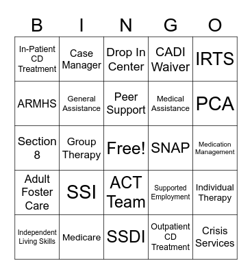 Community Resources Bingo Card