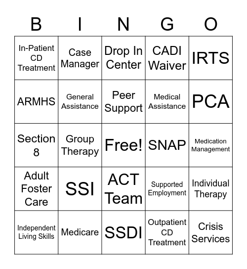 Community Resources Bingo Card