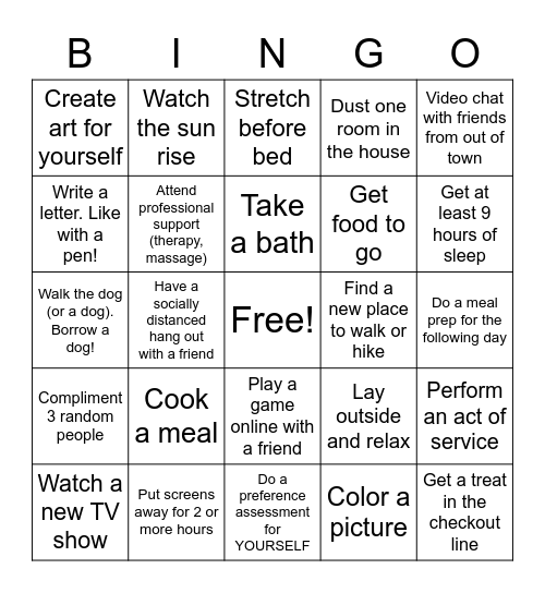 November Self Care BINGO Card