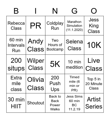 November 2020 Peloton Challenge Bingo Card