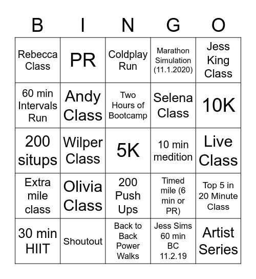 November 2020 Peloton Challenge Bingo Card