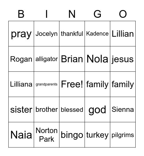 Jesus Face Time, Thanksgiving Edition Bingo Card