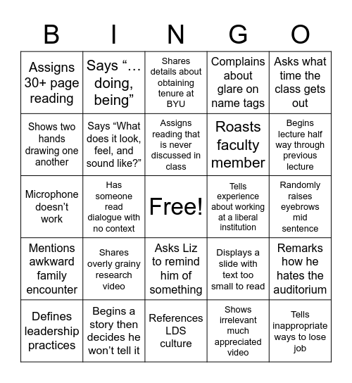 LeBaron Bingo Card