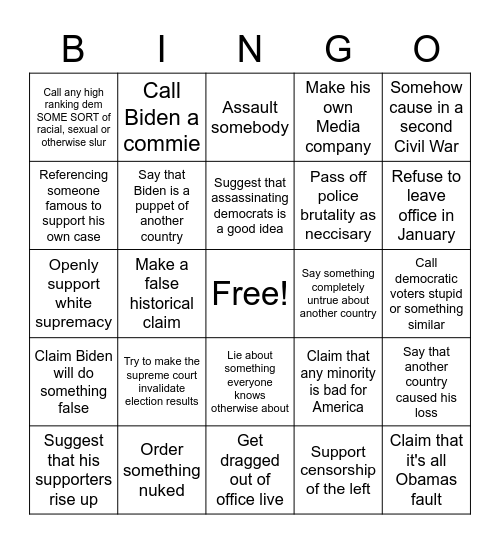 Trumps Final Months To-Do's Bingo Card