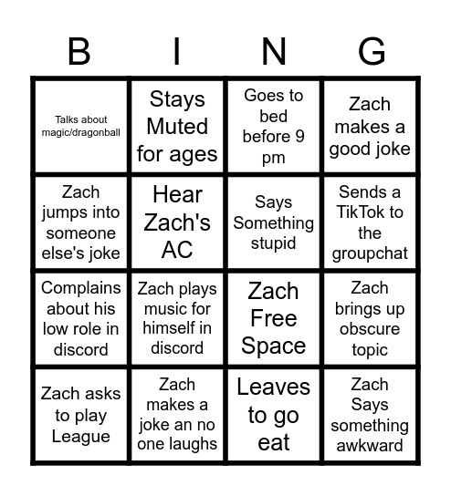 Zach Bingo Card