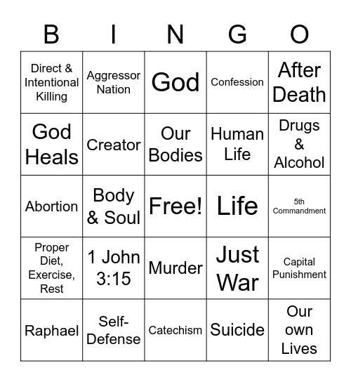 Respect Life Bingo Card