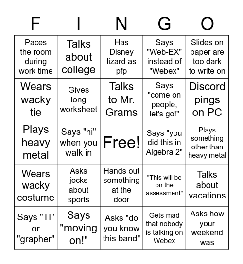 Fingo Bingo Card