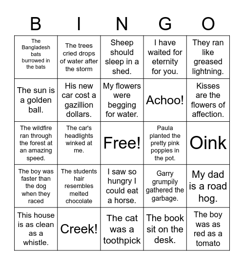 Figures of Speech Bingo Card