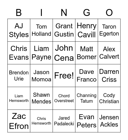 Celebrity Sluts Bingo Card