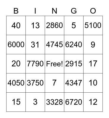 Multiplication and Division Bingo Card