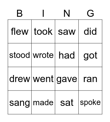 Irregular Verbs Bingo Card