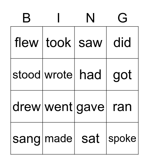 Irregular Verbs Bingo Card