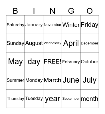 Months of the Year/Days of the Week Bingo Card