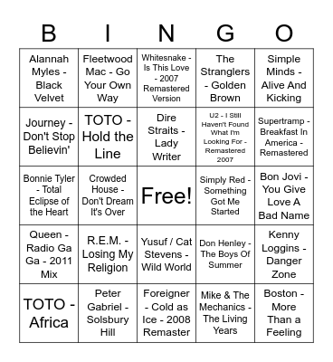 Soft Rock/Ballads etc Bingo Card