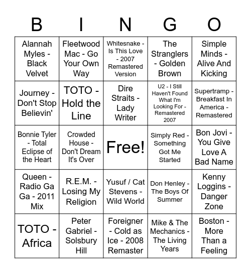 Soft Rock/Ballads etc Bingo Card