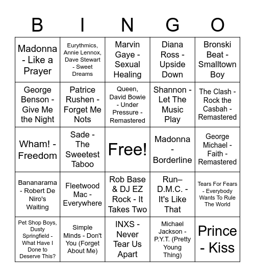 80s Bingo Card