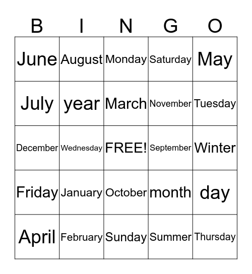 Months of the Year/Days of the Week Bingo Card