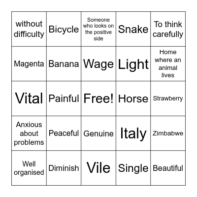 Vocabulary Bingo Card