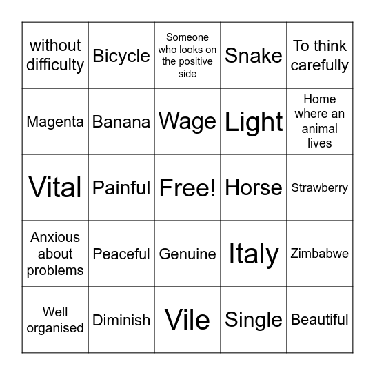 Vocabulary Bingo Card