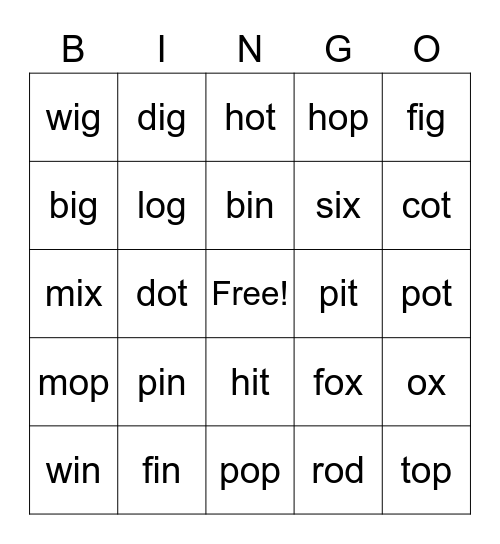 BINGO SHORT VOWEL 'i' & 'o' Bingo Card
