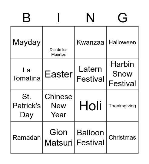 World Festivals and Celebrations Bingo Card