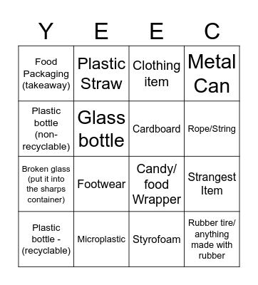 YEEC Beach Clean-up 2020 Bingo Card