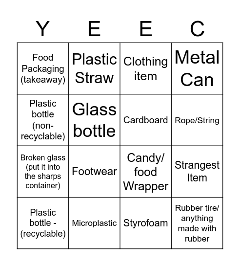 YEEC Beach Clean-up 2020 Bingo Card