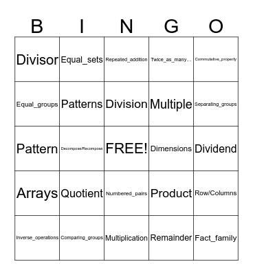 Math Vocabulary Bingo Card