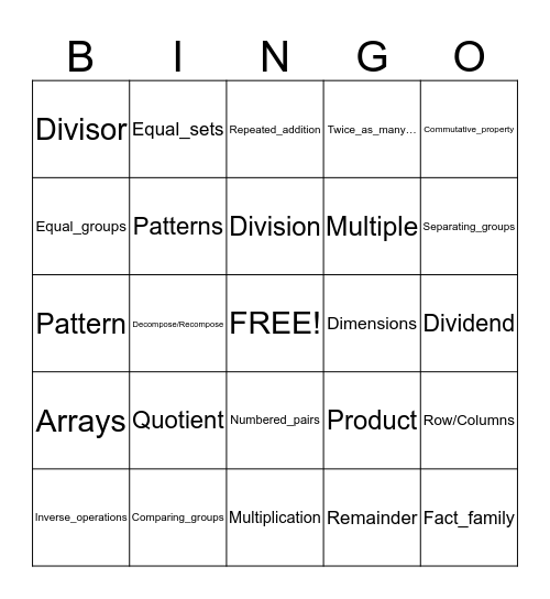 Math Vocabulary Bingo Card