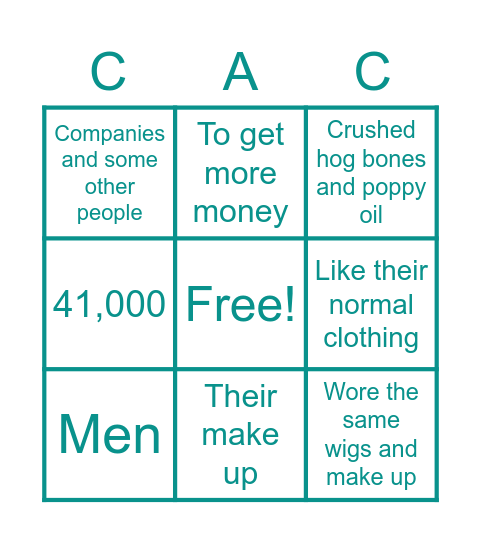 Costumes and Cosmetics Bingo Card
