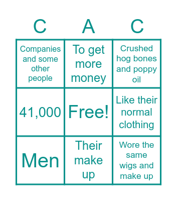 Costumes and Cosmetics Bingo Card