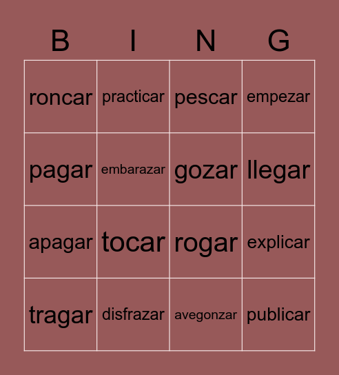 -car,-gar, -zar verbs Bingo Card