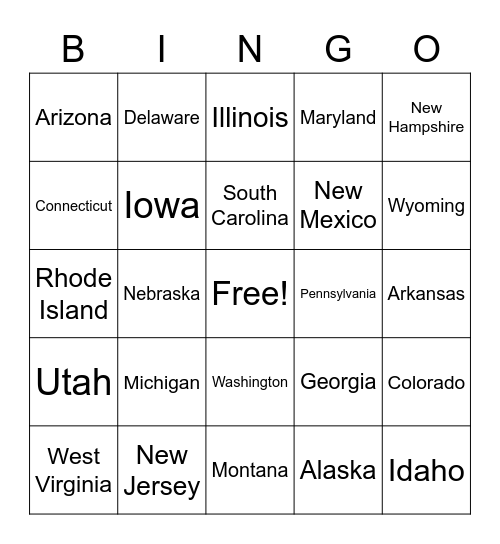 US STATES Bingo Card