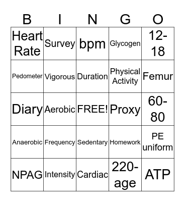 Year 12 PE (a) Bingo Card