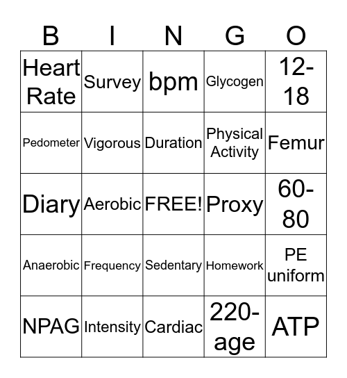 Year 12 PE (a) Bingo Card