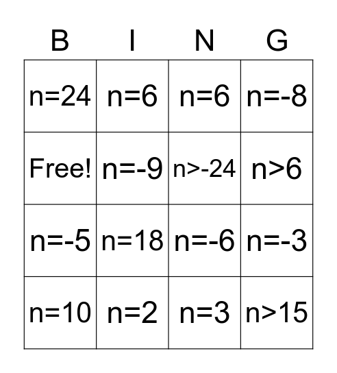 Equations and Inequalities Bingo Card