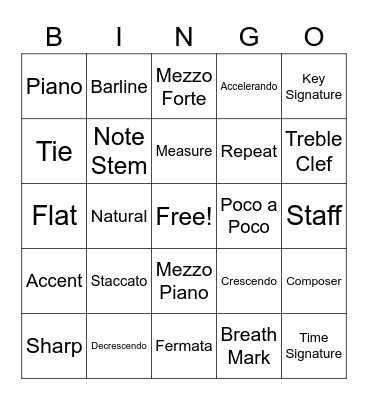 Music Vocabulary Bingo Card